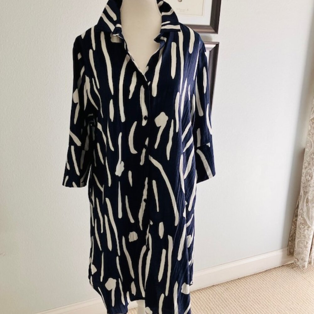 Radzoli ladies shirt dress navy and white high low hem oversized size Lg NWT - Picture 2 of 4